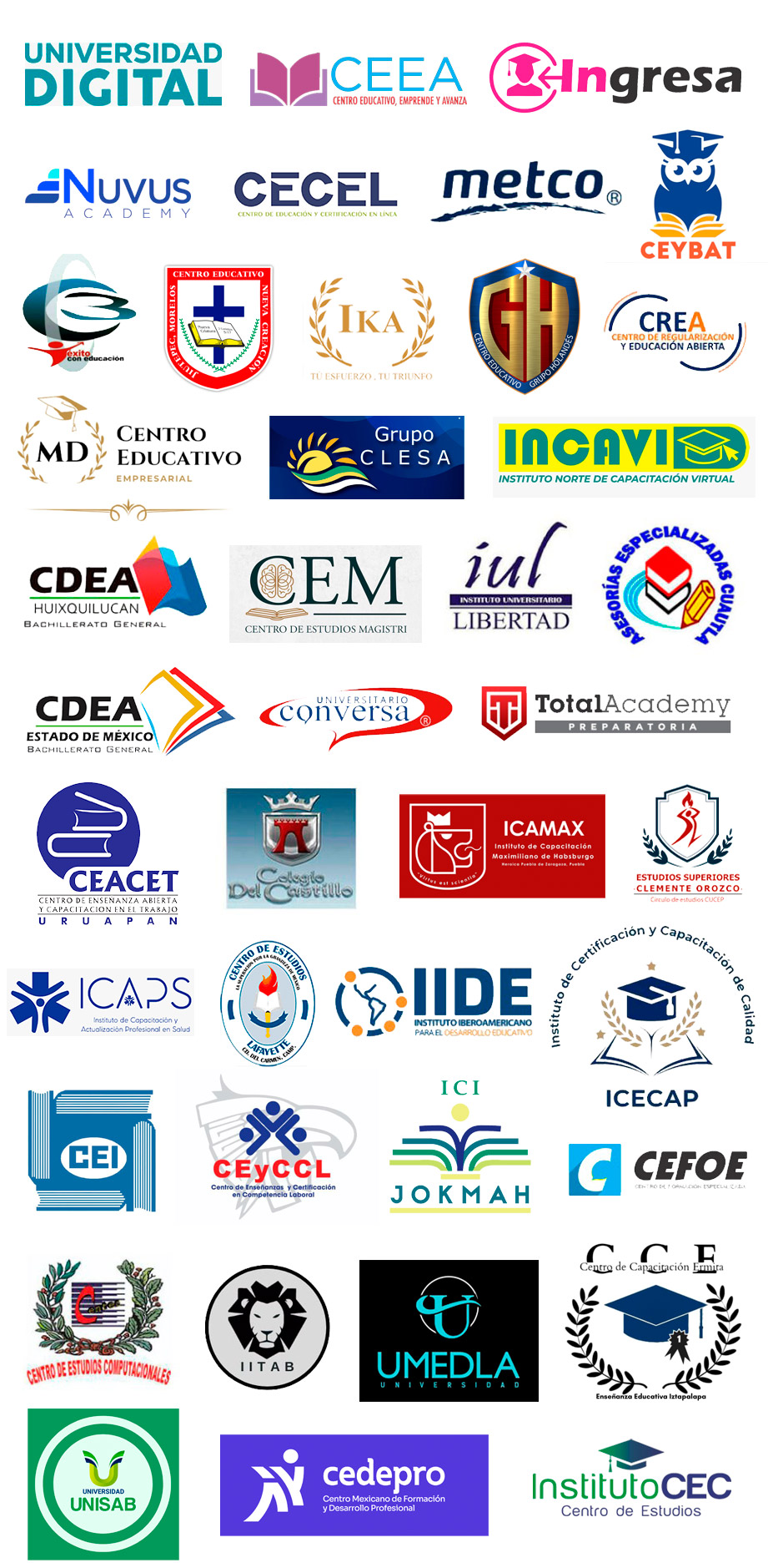 grupo saxum humanidades 2.0 snac sindicato nacional alimenticio y de comercio metco snte sindicato nacional de trabajadores de la educacion instituto educativo lázaro cárdenas cultura iniciativa y bienestar centro educativo empresarial instituto star 2000 centro zen atencion psicológica y terapias alternativas cdea huixquilucan bachillerato general grupo educativo capec s.c centro de asesorías para el examen ceneval colegio del castillo ecapi escuela de ciancias artes y profesiones interdicisplinarias asesorías especializadas cuautla